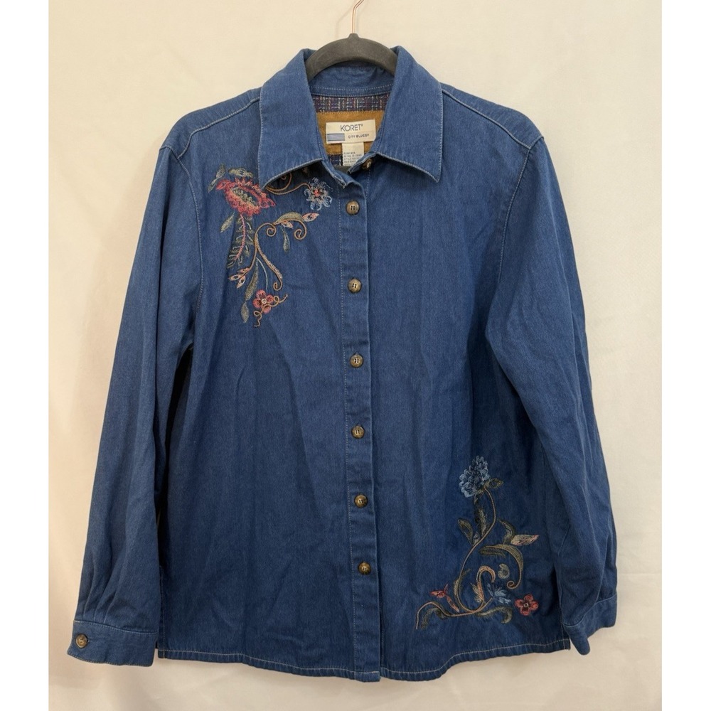 Vintage Koret Denim Floral Embroidered Cottagecore Button Up Shirt Womens Size M